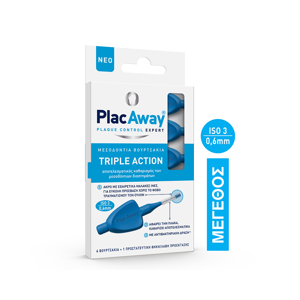 PLAC AWAY - TRIPLE ACTION Μεσοδόντια Βουρτσάκια ISO 3 (0.6mm-μπλε) - 6τεμ.